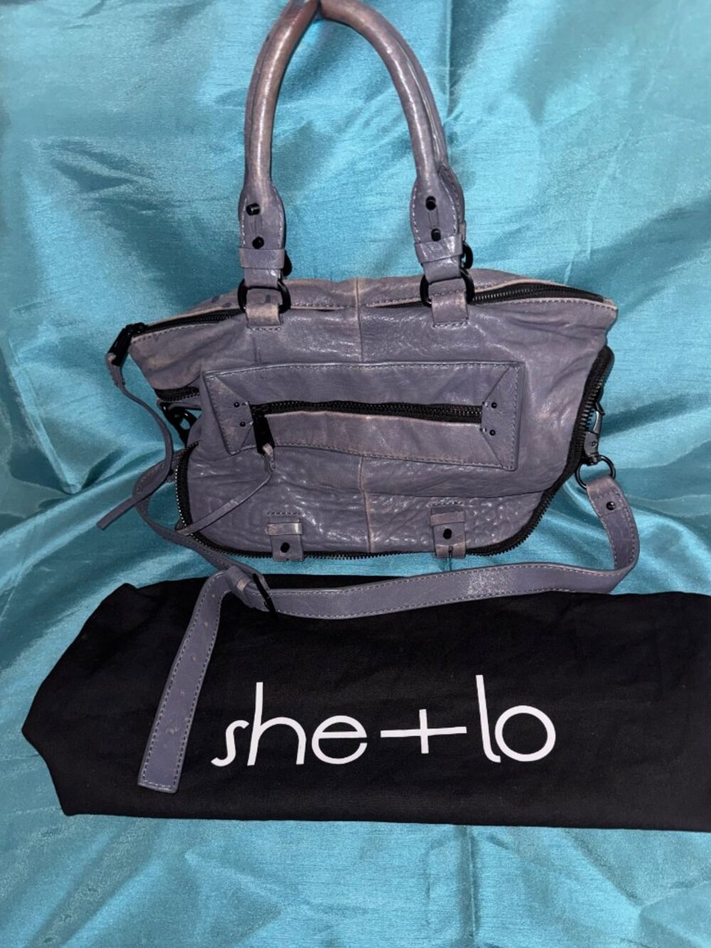 Brand New She + Lo Purple Gray Slouchy Moto Leather Satchel Handbag NWOT